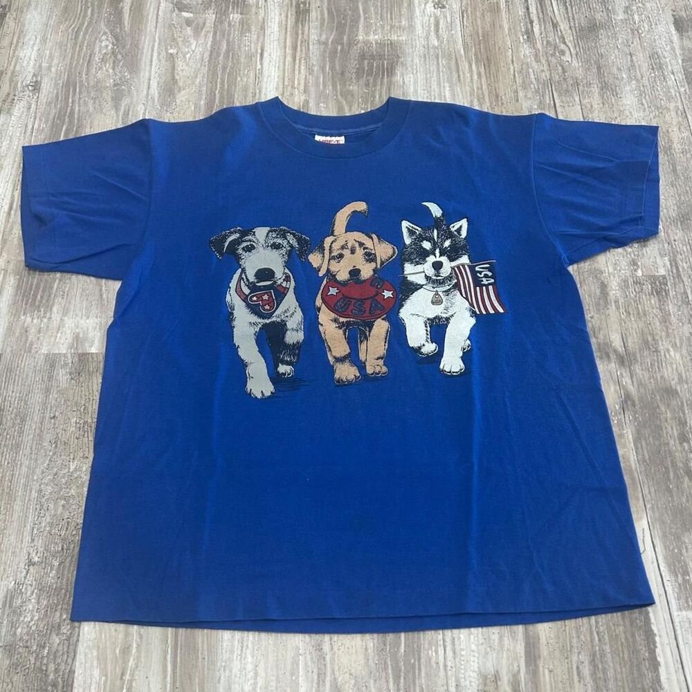 Authentic Vintage 90s streetwear HEF-T blue USA patriotic dog graphic tee